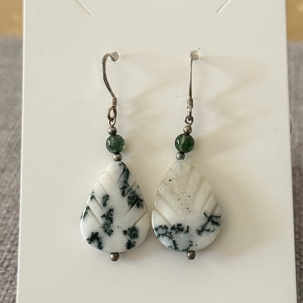 White Dendritic Jasper Teardrop Earrings | Green Accent Bead | Silver Tone Hooks